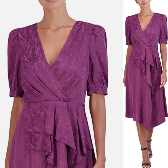 BCBGMAXAZRIA V Neck Wine Purple Paisley Victorian 40s Ladylike Dress 12 - Picture 1 of 7